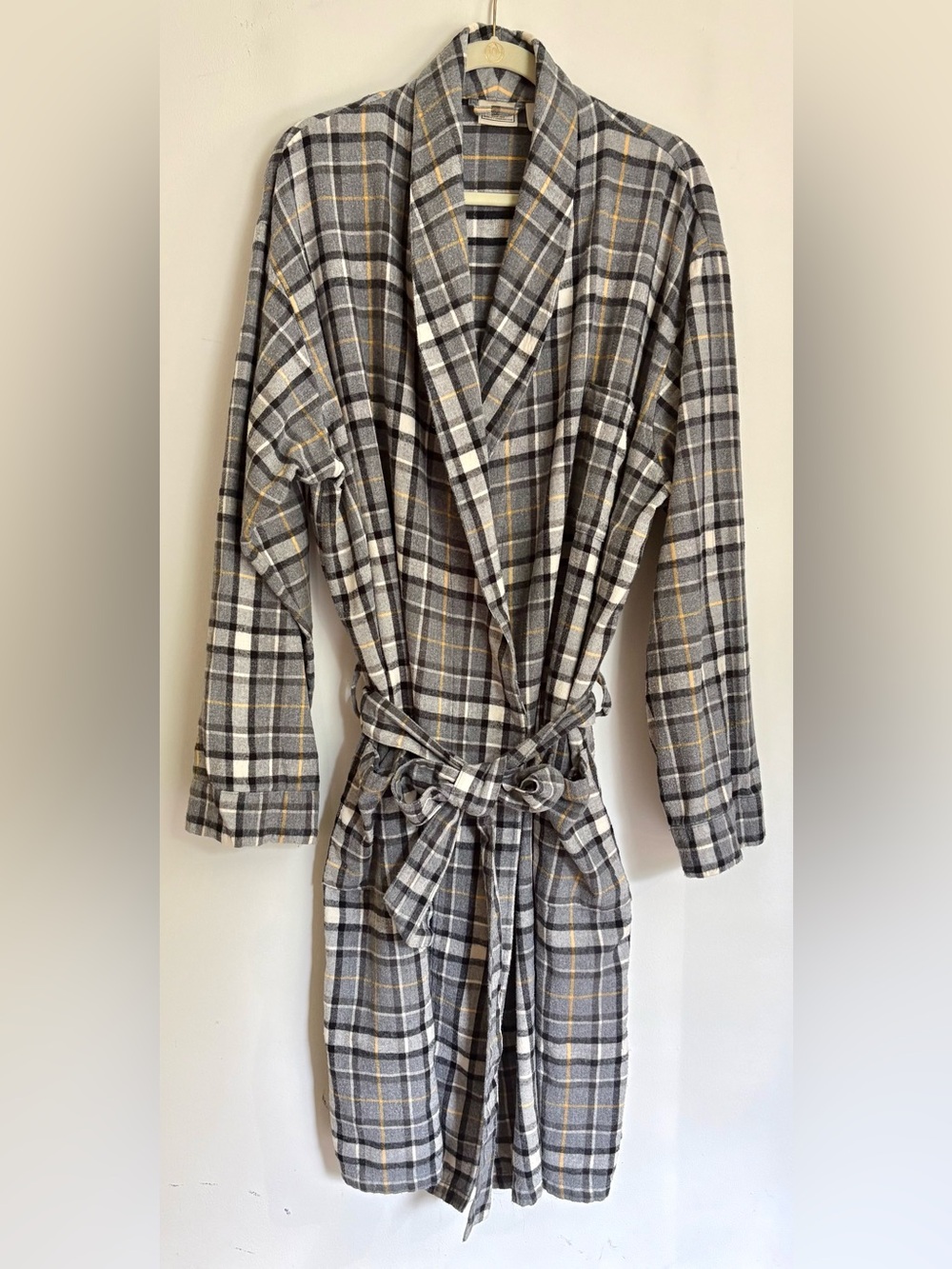 MENS WOMENS LL BEAN GRAY PLAID 100% COTTON WRAP ROBE WITH TIE Size XL
